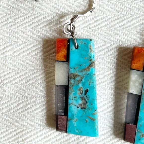Turquoise & Multi-Stone Mosaic Inlay Earrings w 925 Sterling Silver Wires - Picture 3 of 9